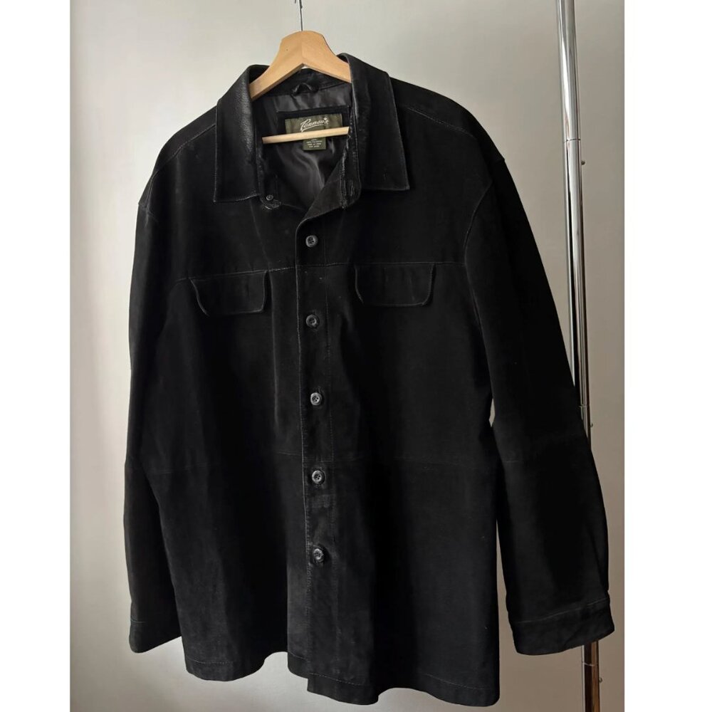 1990s Oversized Black Suede Jacket with Pockets | Vintage Minimal Leather Coat - Picture 6 of 8
